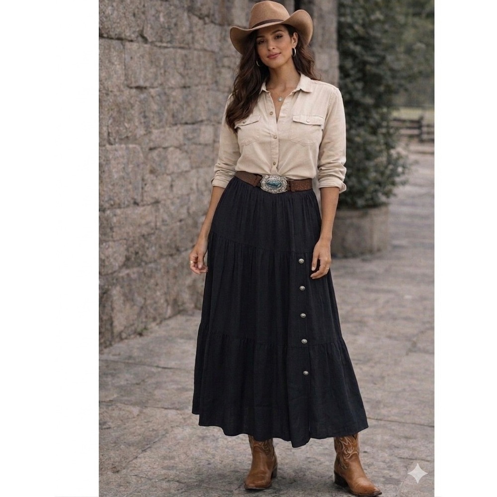 Crazy Cowgirl Black Rayon Tiered Maxi Skirt Western Metal Button XL Boho Crinkle